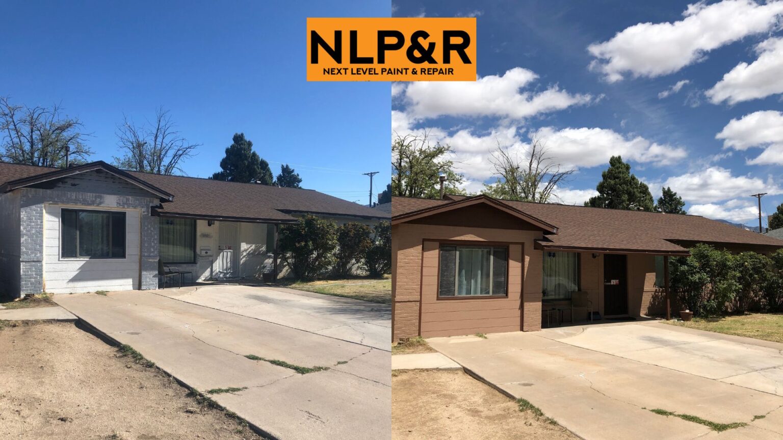 Before and after picture of a brick house that has been painted. Located in Albuquerque New Mexico.