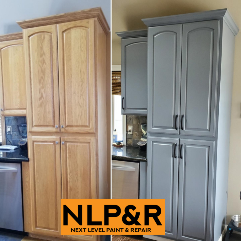 Before and after photo of cabinet repaint job in Albuquerque NM