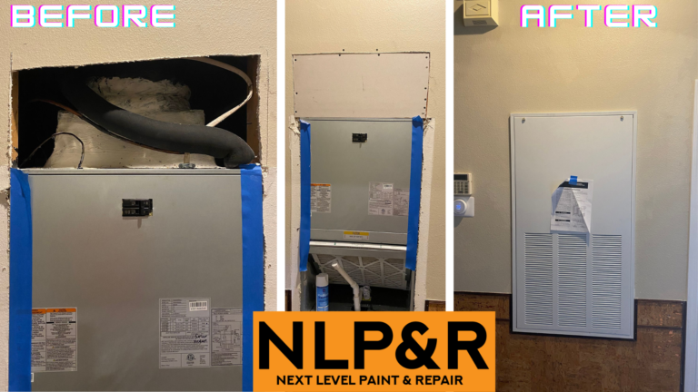 step by step photography of drywall panel replacement.