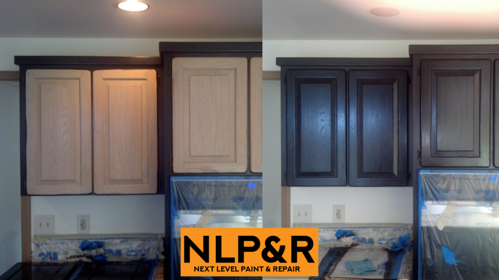 Before & after photo of cabinet refinishing done in Albuquerque NM.
