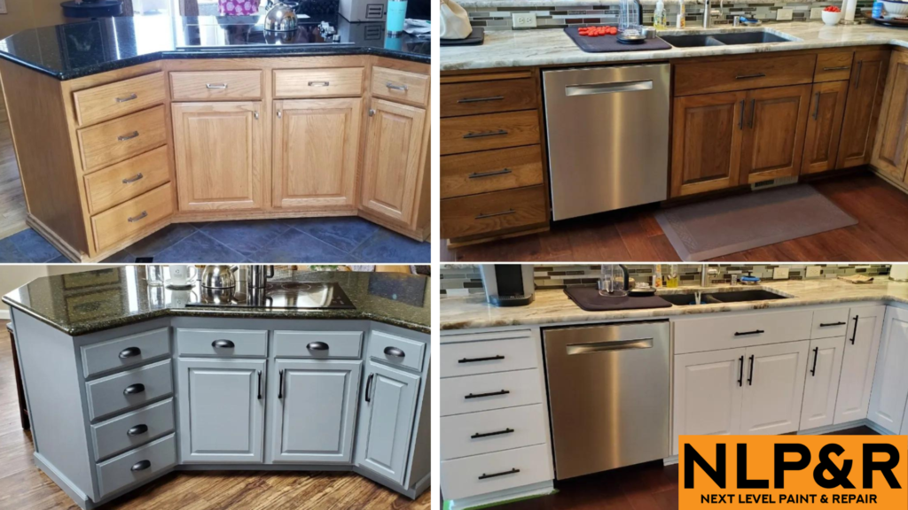 Before and after photos of cabinet painting projects done in Albuquerque.