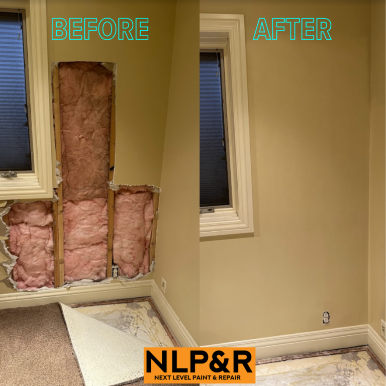 drywall panel repair. Before and after picture