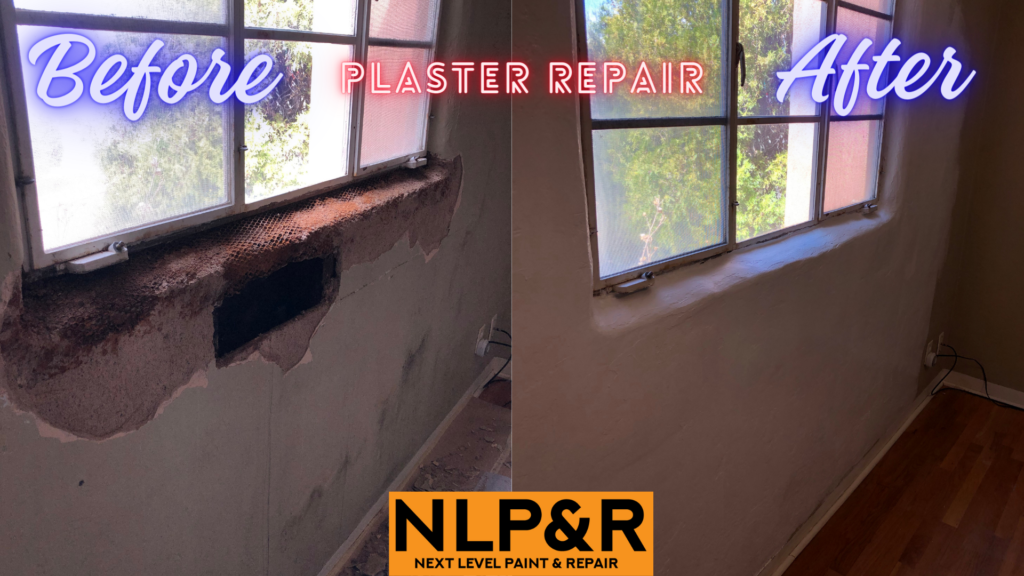 A before and after picture of plaster repair.